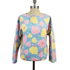 Vintage Gitano All Over Heart Print Sweater M Pink Blue Kidcore Pastel Anime 80s